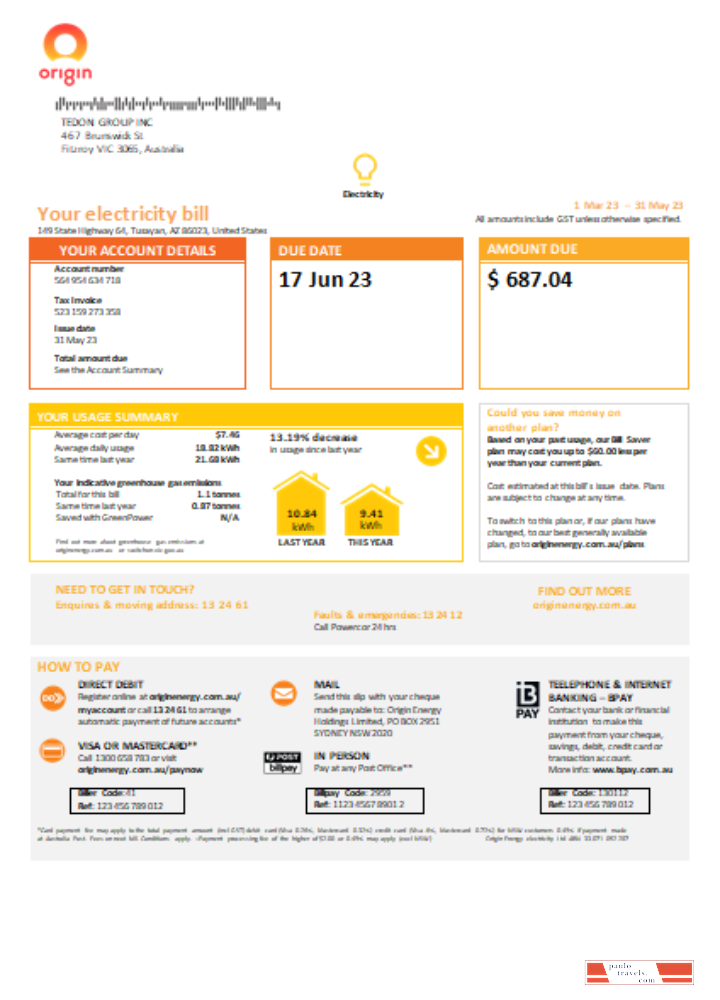 New South Wales (NSW) Origin electricity utility business bill, SCR, page 1 PSD template